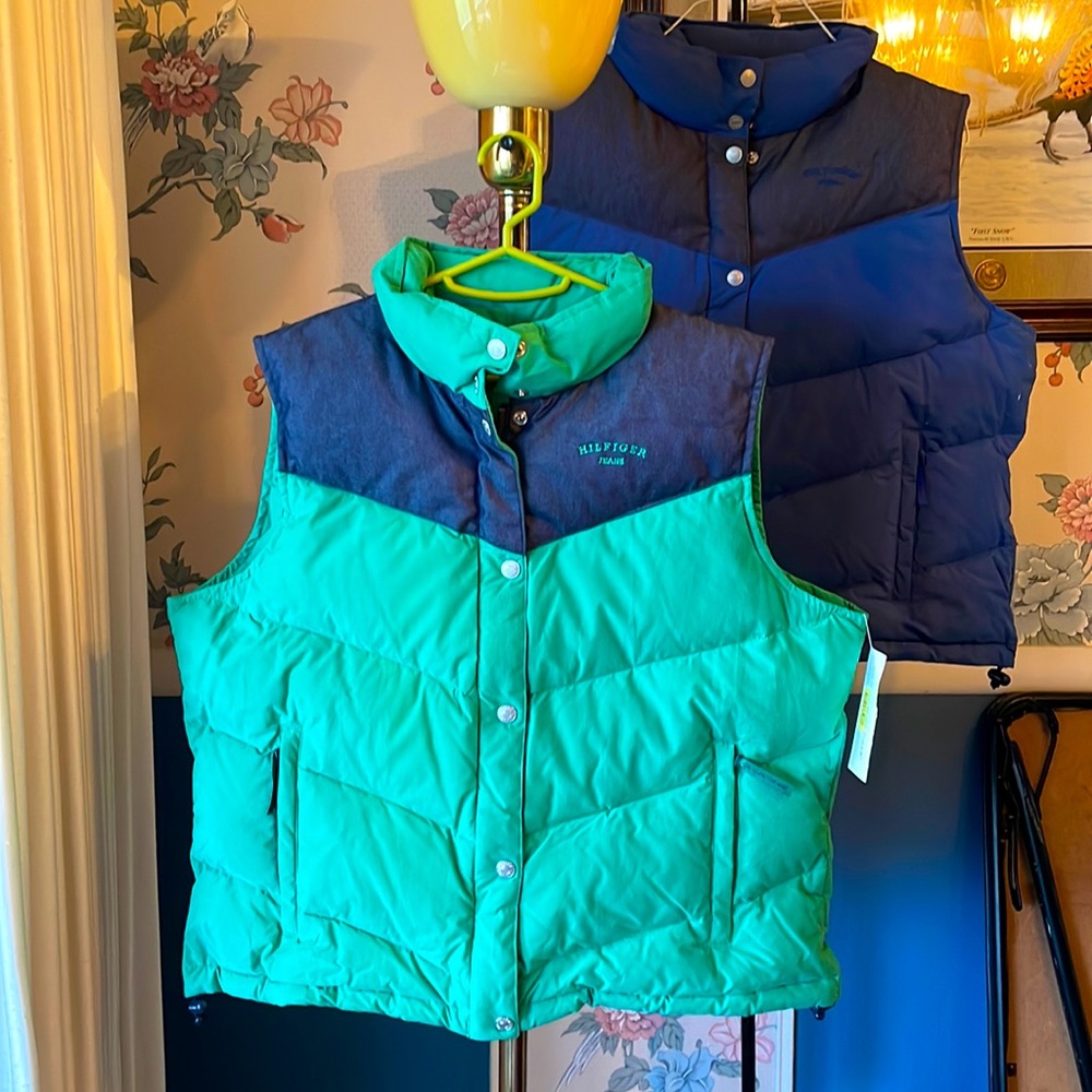 Tommy Hilfiger winter vest green blue denim zip snap NWT L XL Hilfiger Jeans